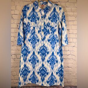 Tuckernuck Persifor Winpenny Cream Blue Ikat Preppy Vacation Coastal Dress M